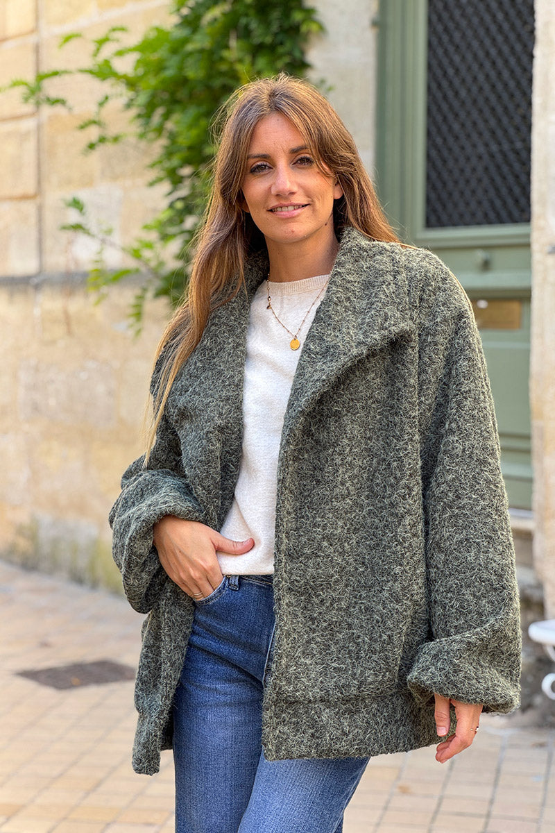 Olive Fuzzy Knit Casual Coat