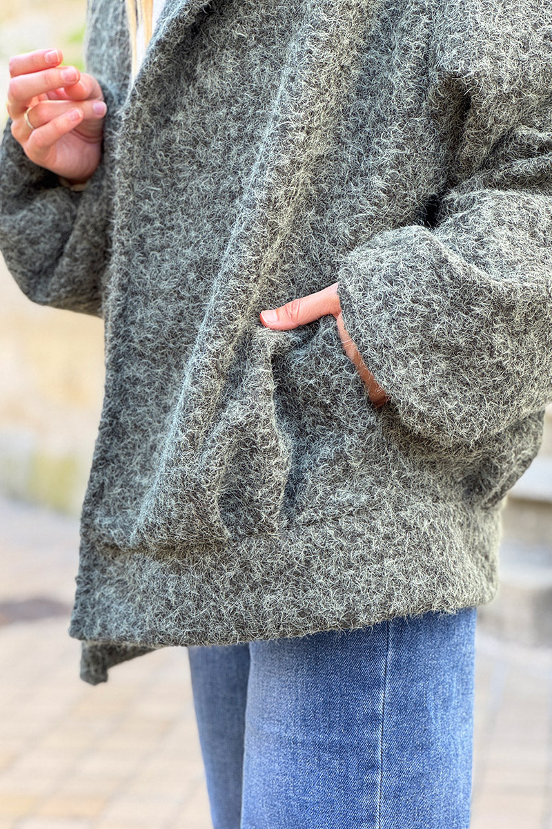 Manteau blouson kaki en bouclettes style laine bouillie
