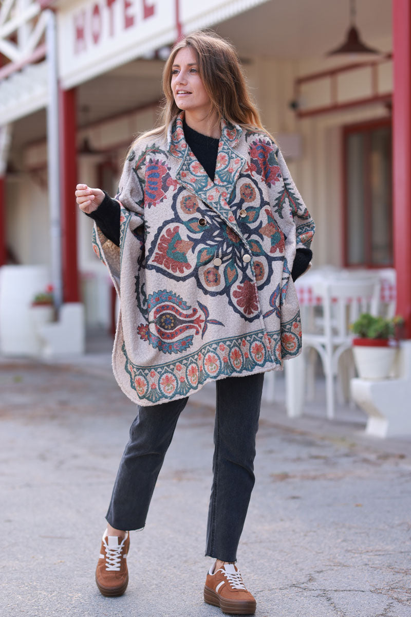 Poncho Cape Coat in Taupe boucle effect