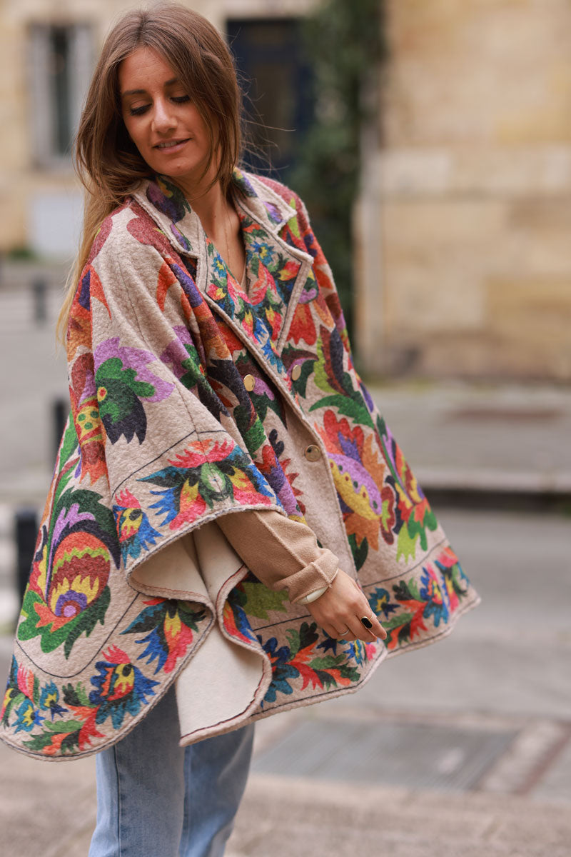 Fiesta Floral Print Felted Poncho Coat