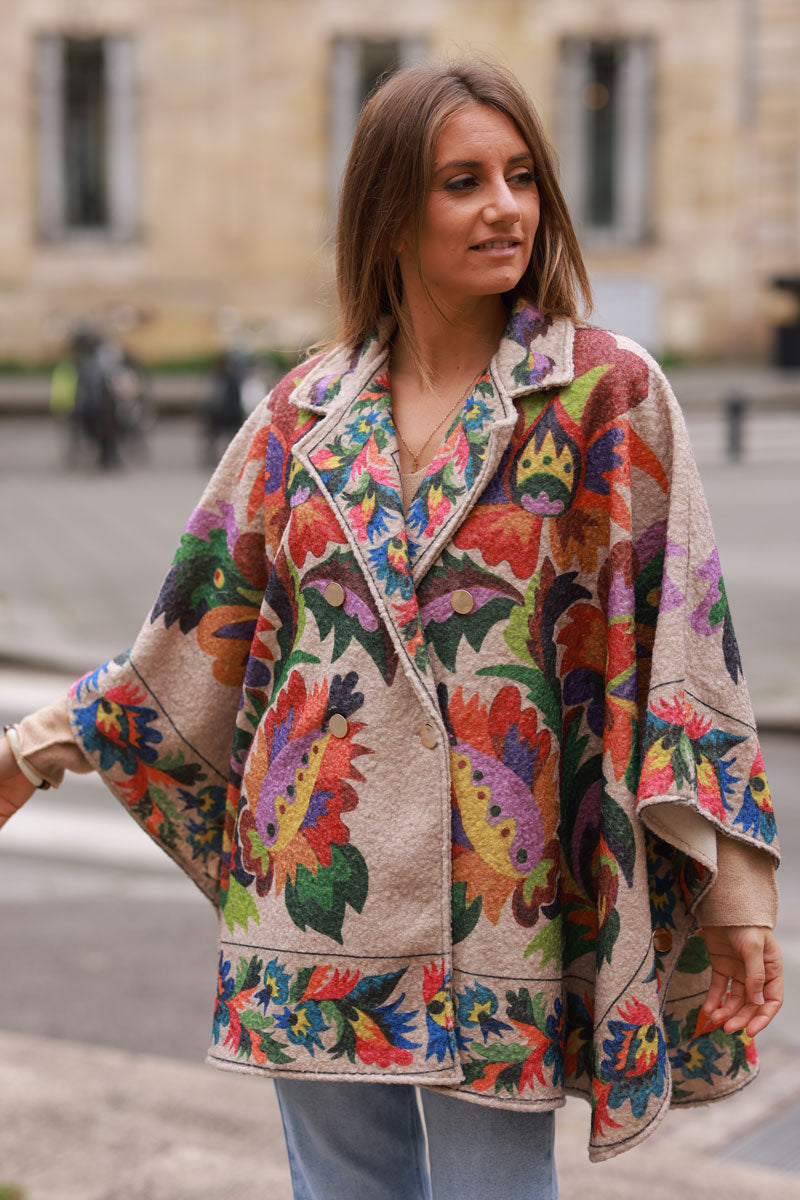 Fiesta Floral Print Felted Poncho Coat