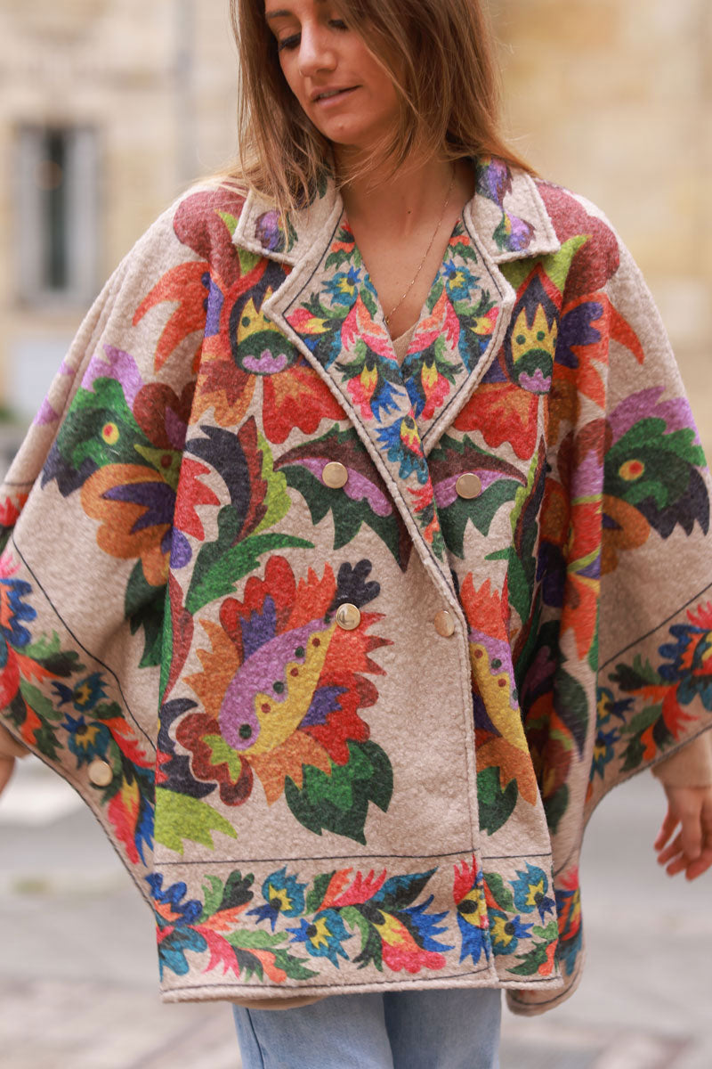 Fiesta Floral Print Felted Poncho Coat