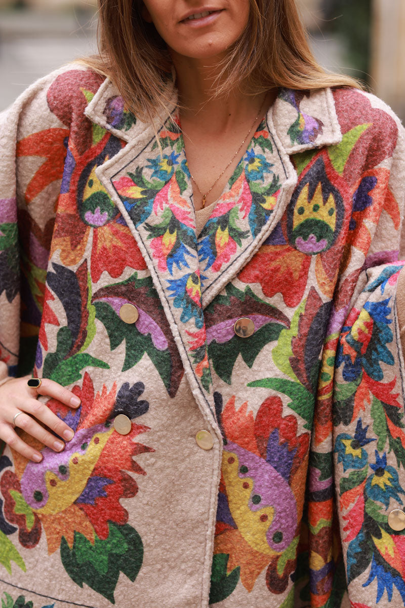 Fiesta Floral Print Felted Poncho Coat