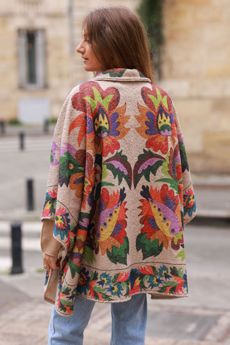 Fiesta Floral Print Felted Poncho Coat