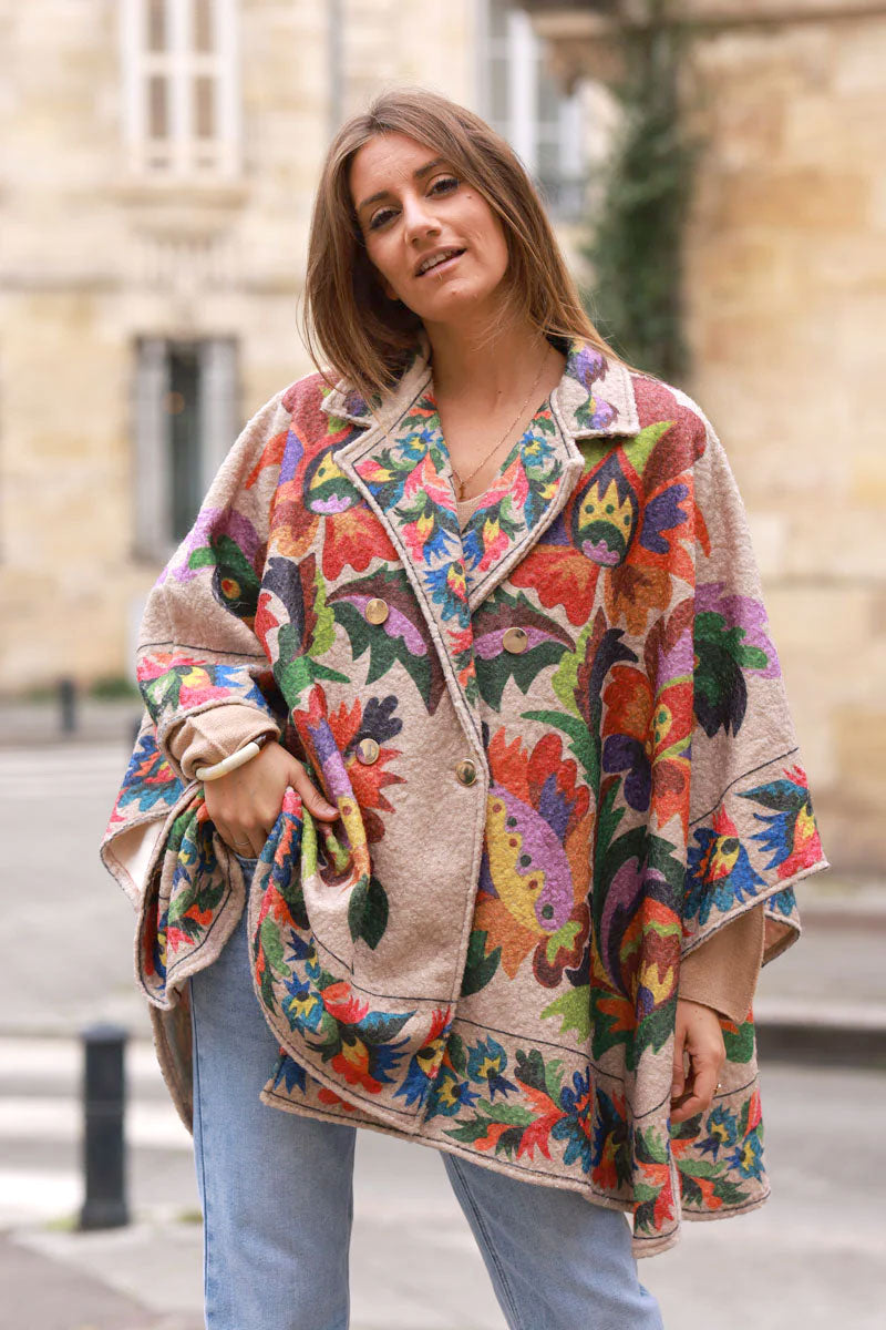 Fiesta Floral Print Felted Poncho Coat