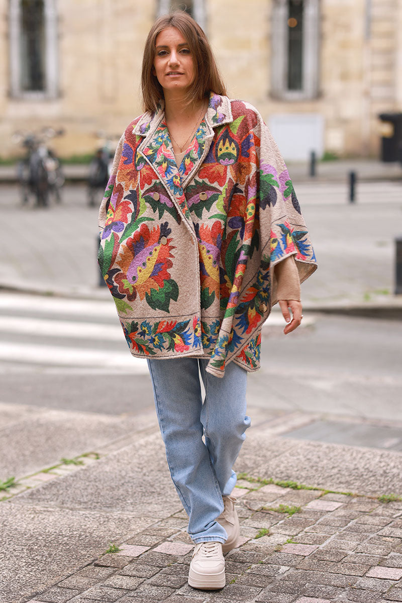 Fiesta Floral Print Felted Poncho Coat