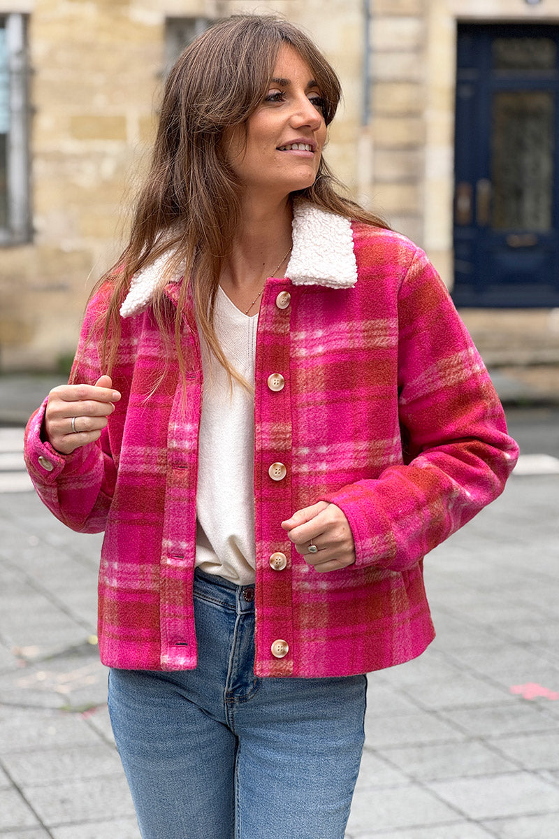 Cranberry Plaid Cropped Fleece Jacket