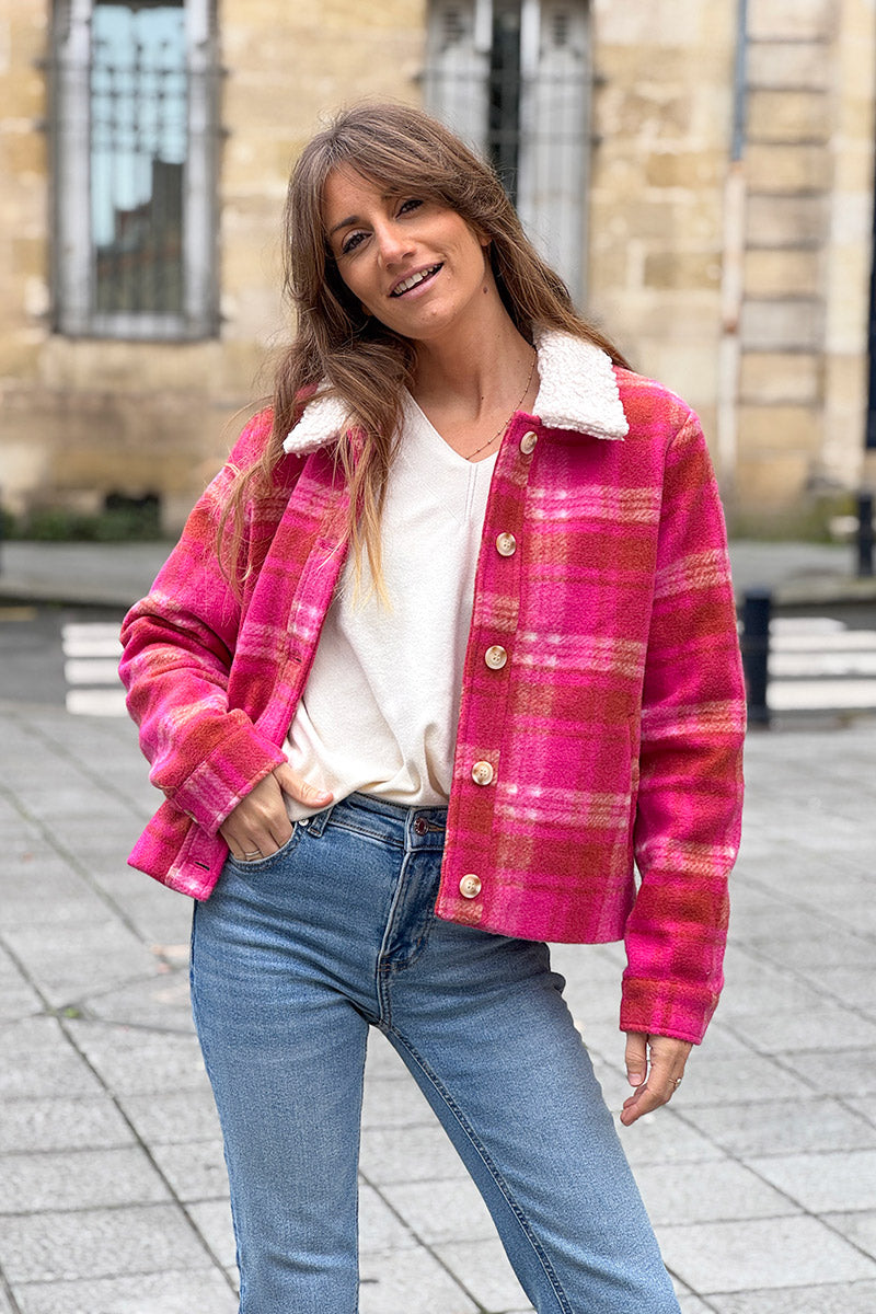 Cranberry Plaid Cropped Fleece Jacket