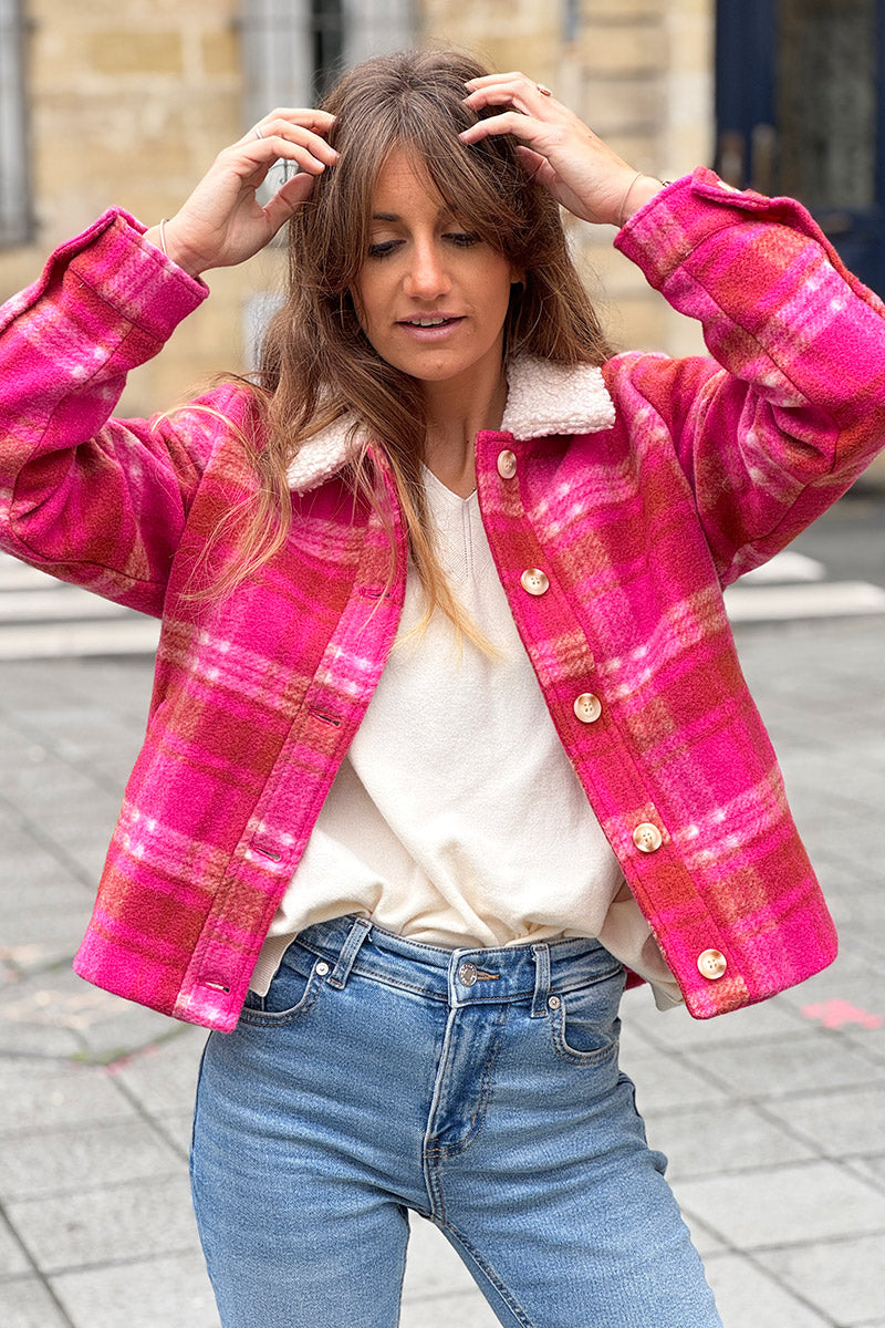 Cranberry Plaid Cropped Fleece Jacket