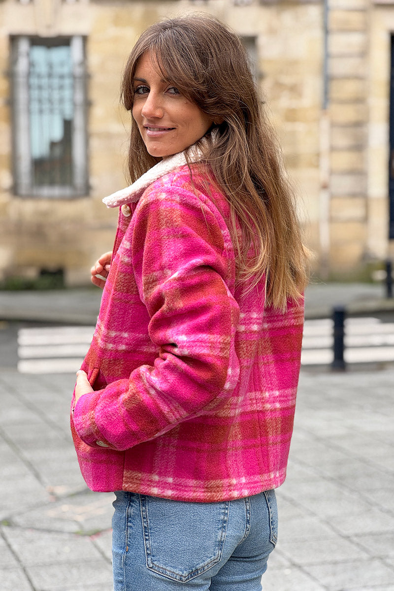 Cranberry Plaid Cropped Fleece Jacket