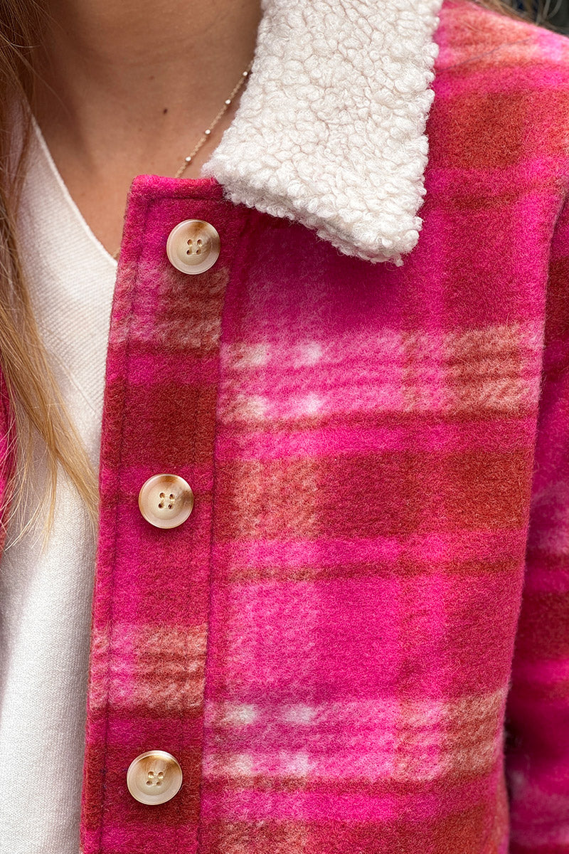 Cranberry Plaid Cropped Fleece Jacket