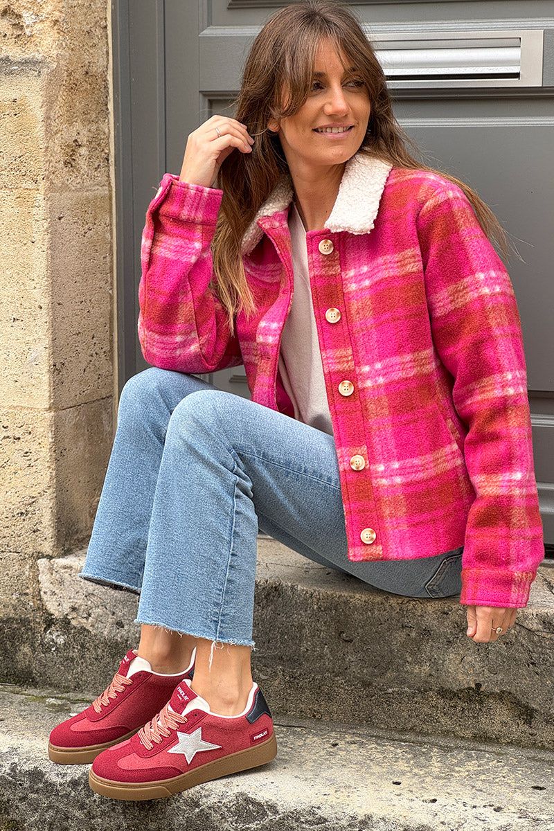 Cranberry Plaid Cropped Fleece Jacket