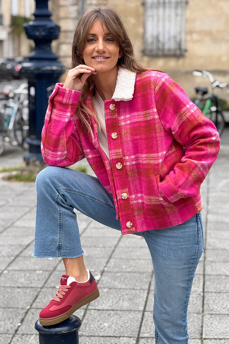Cranberry Plaid Cropped Fleece Jacket