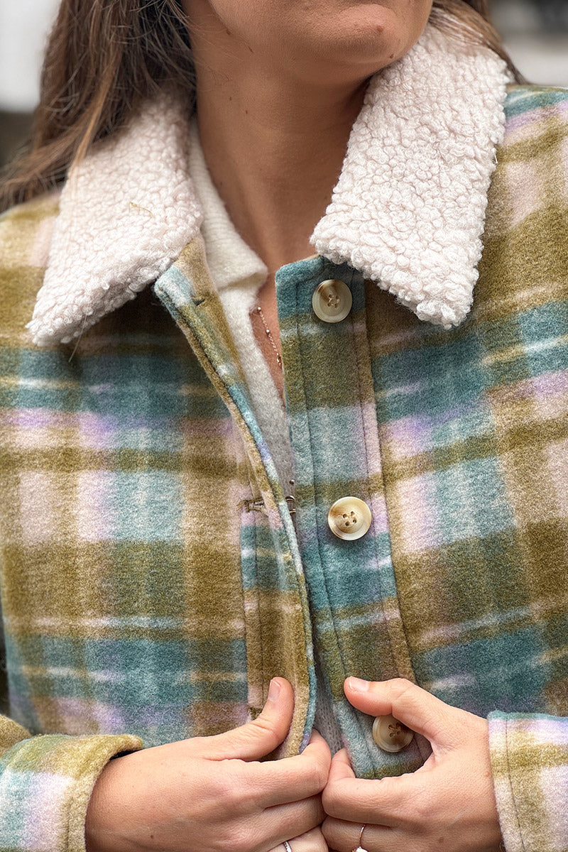 Olive Plaid Cropped Fleece Jacket