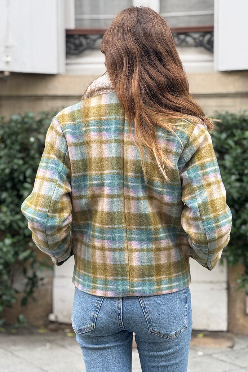 Olive Plaid Cropped Fleece Jacket