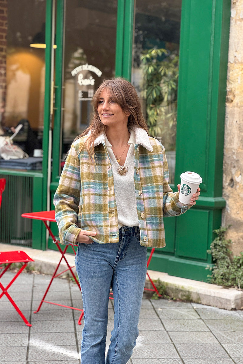 Olive Plaid Cropped Fleece Jacket