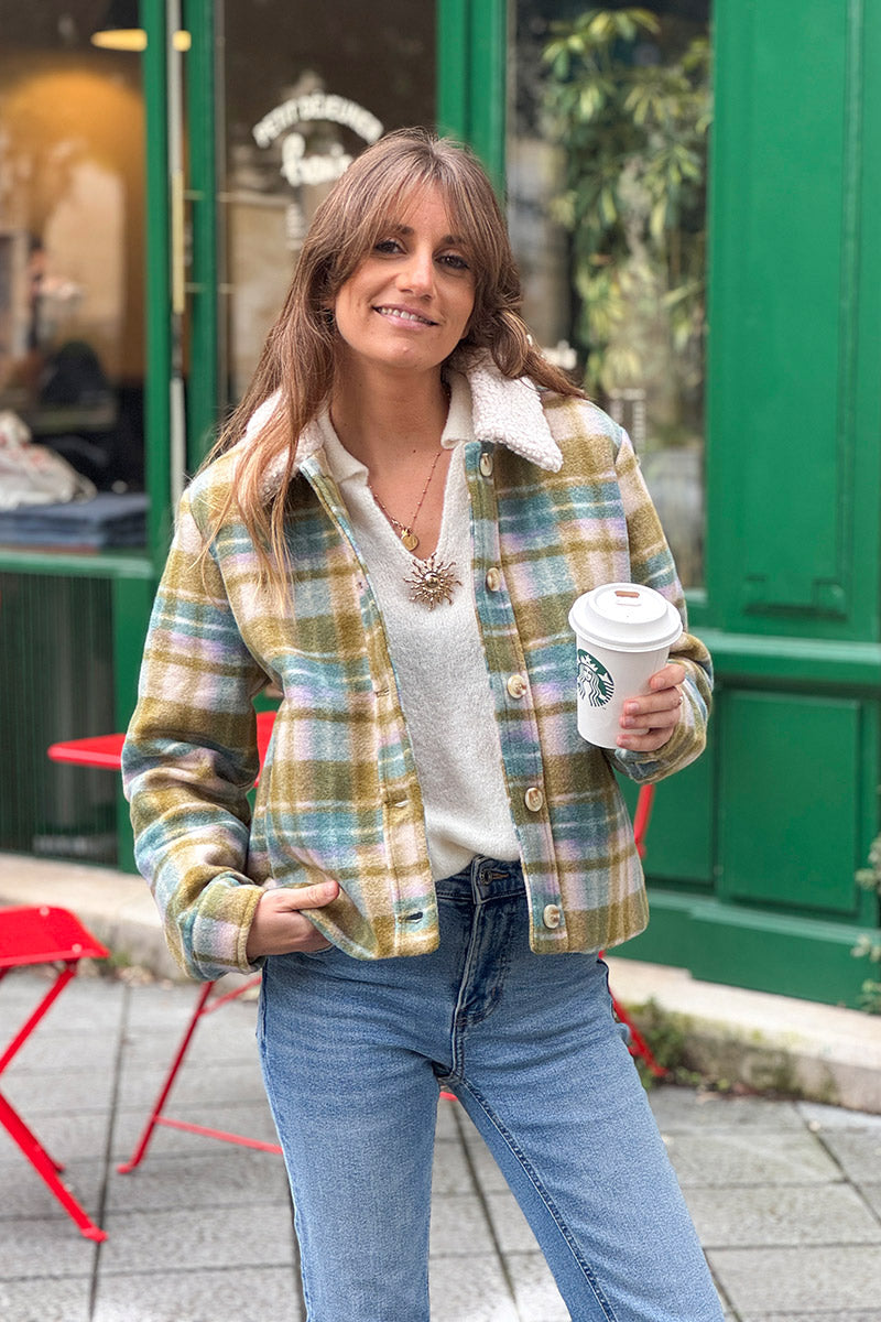 Olive Plaid Cropped Fleece Jacket