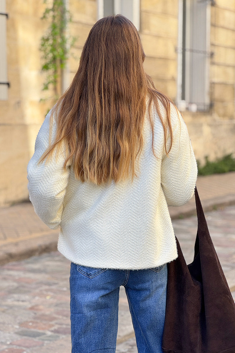 Manteau écru court doux en maille chenille