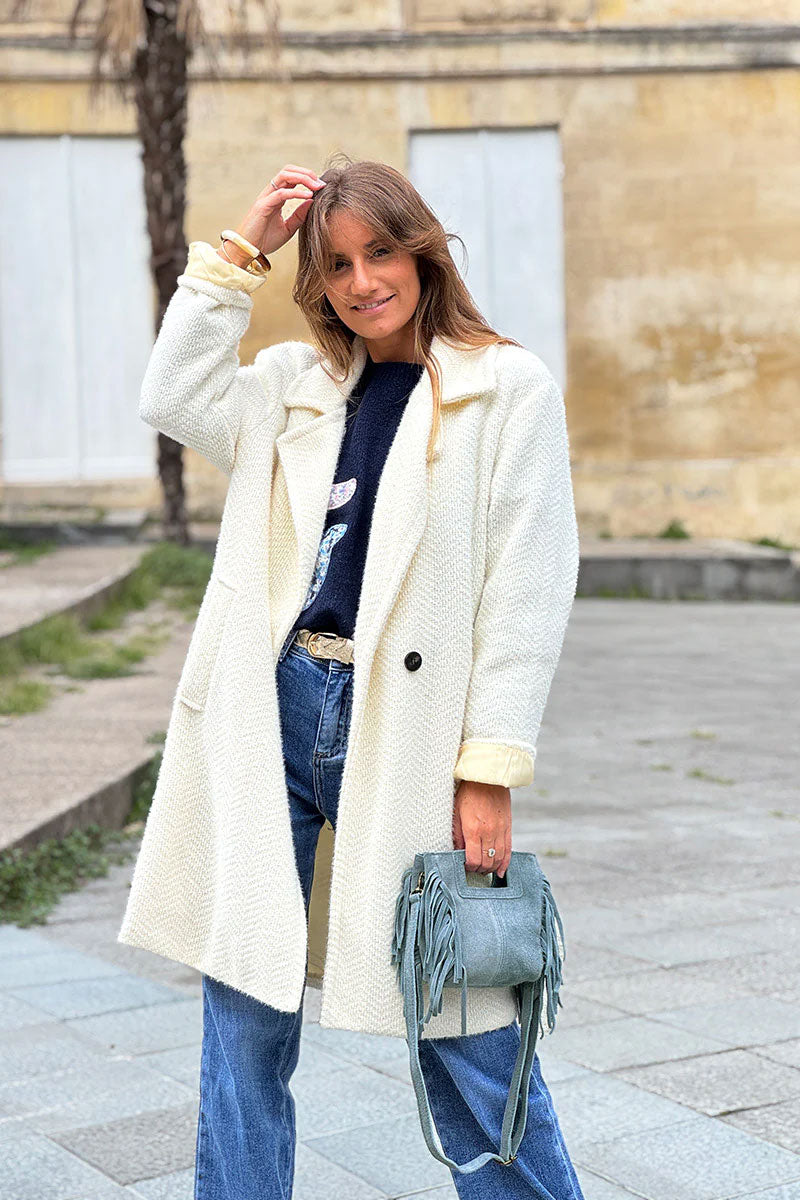 Manteau écru long et doux en maille chenille
