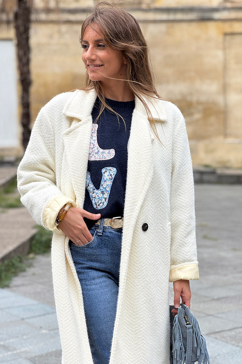 Manteau écru long et doux en maille chenille