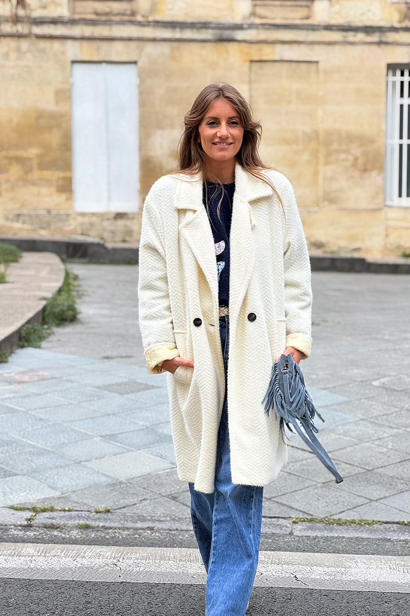 Manteau écru long et doux en maille chenille