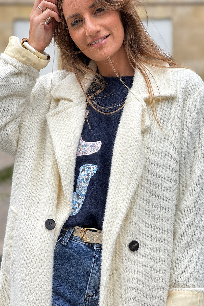 Manteau écru long et doux en maille chenille