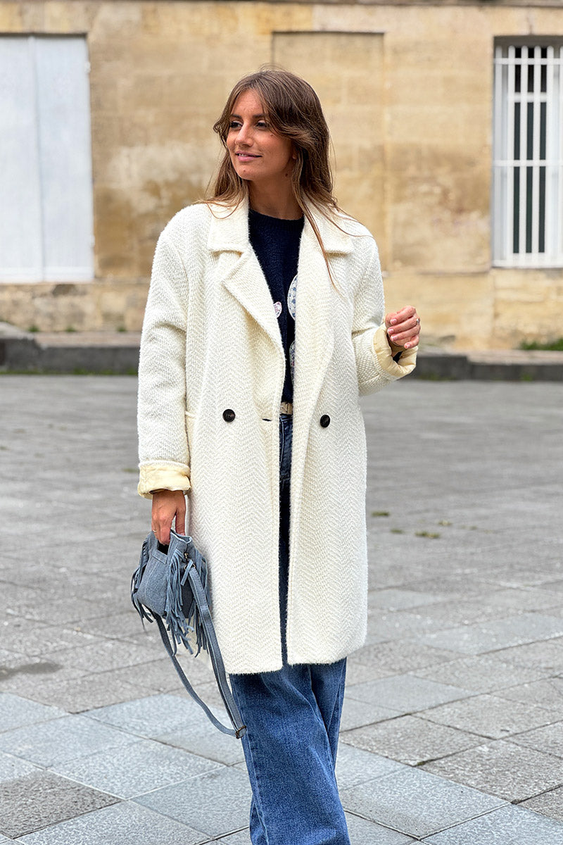 Manteau écru long et doux en maille chenille
