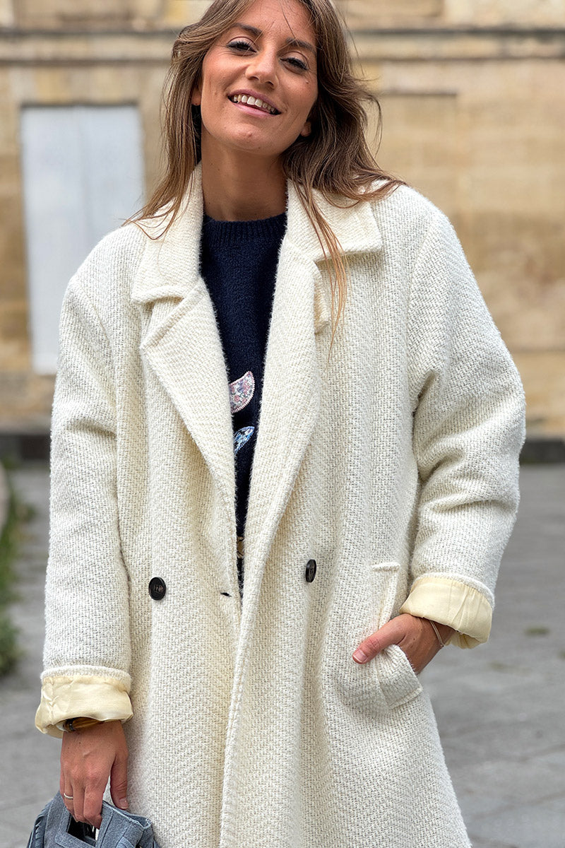 Manteau écru long et doux en maille chenille