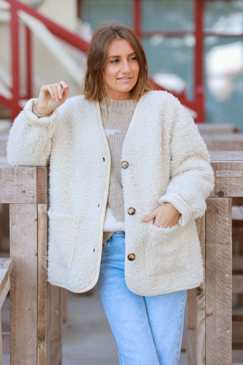 Cream Sherpa Button-Front Jacket