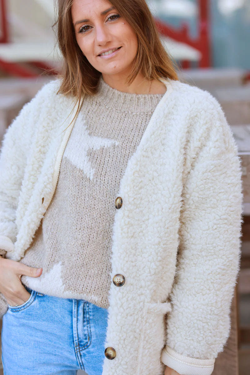 Cream Sherpa Button-Front Jacket