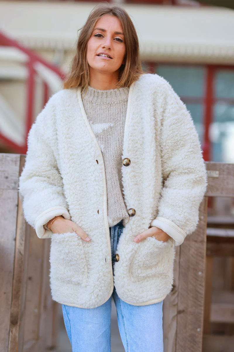 Cream Sherpa Button-Front Jacket