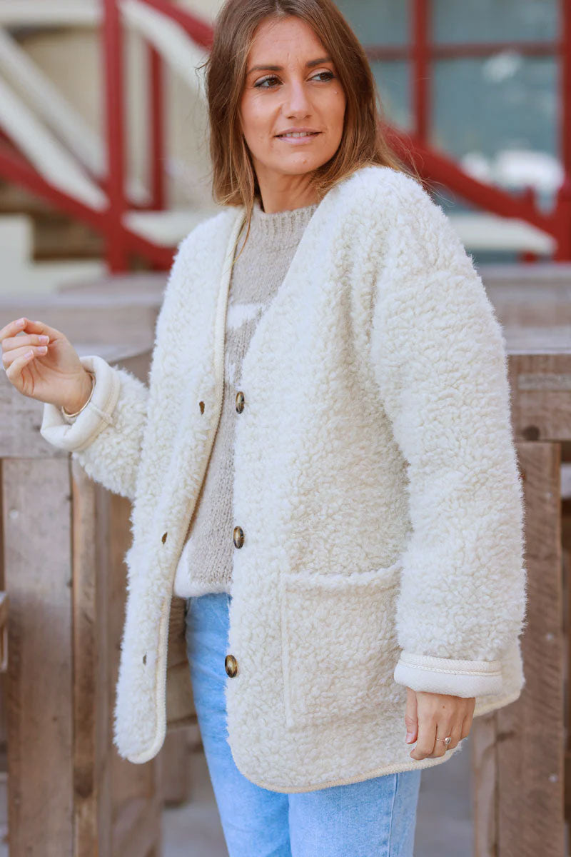 Cream Sherpa Button-Front Jacket