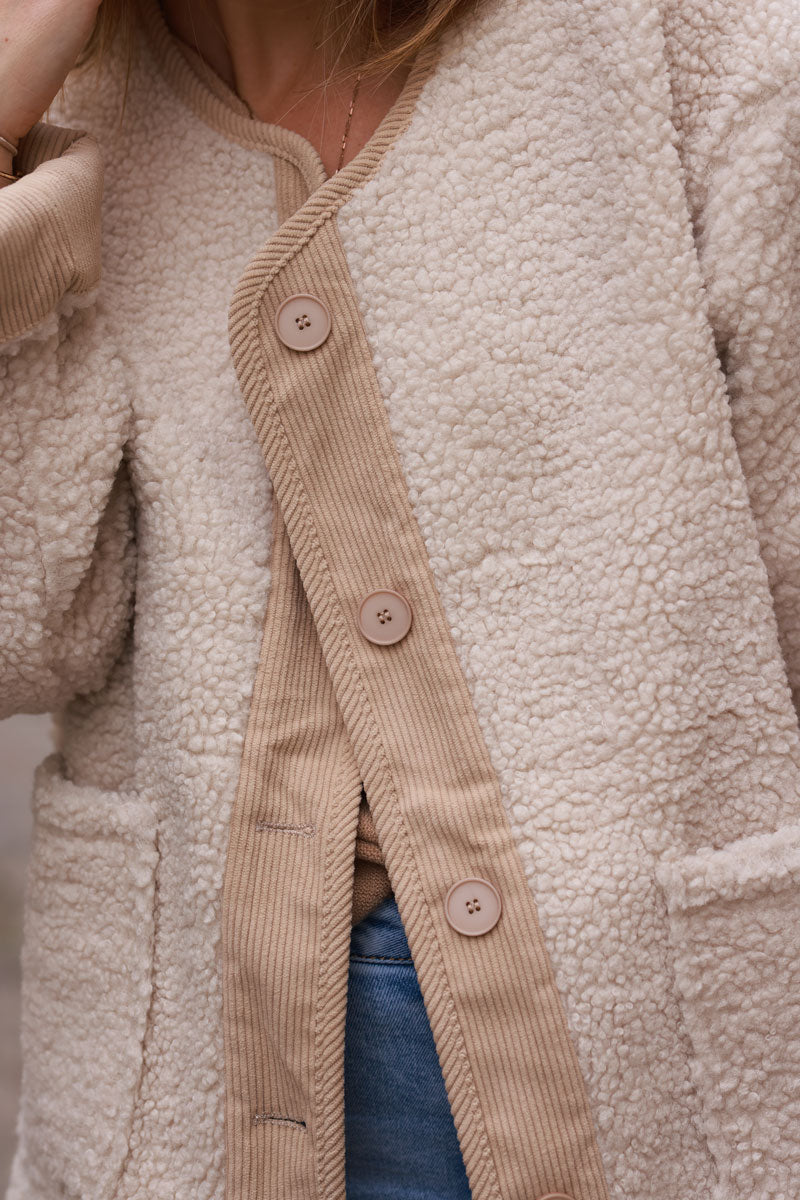 Beige Faux Shearling and Corduroy Jacket