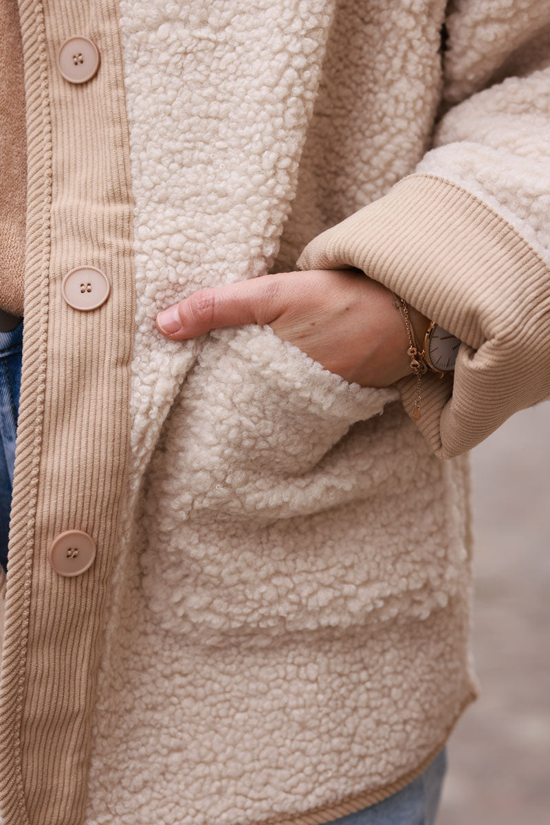 Beige Faux Shearling and Corduroy Jacket