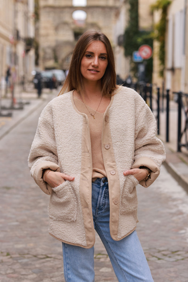 Beige Faux Shearling and Corduroy Jacket