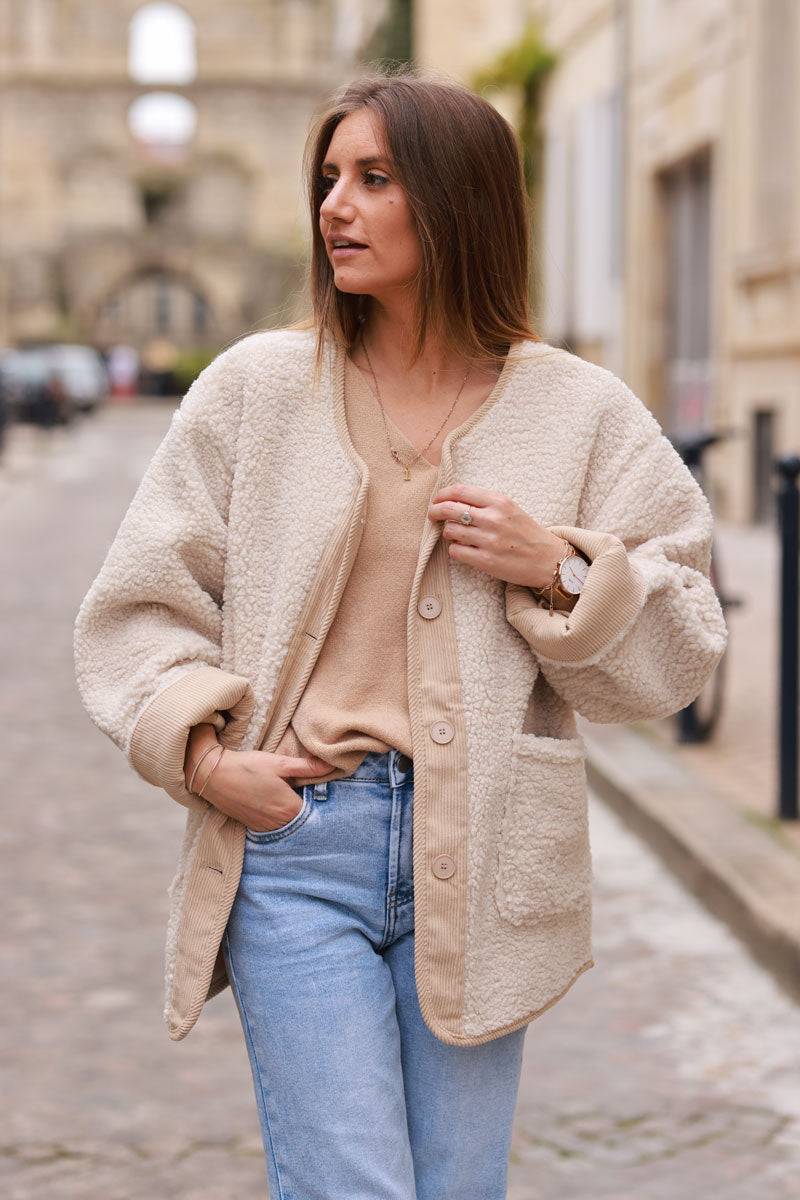 Beige Faux Shearling and Corduroy Jacket