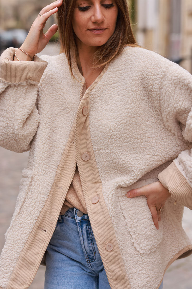 Beige Faux Shearling and Corduroy Jacket