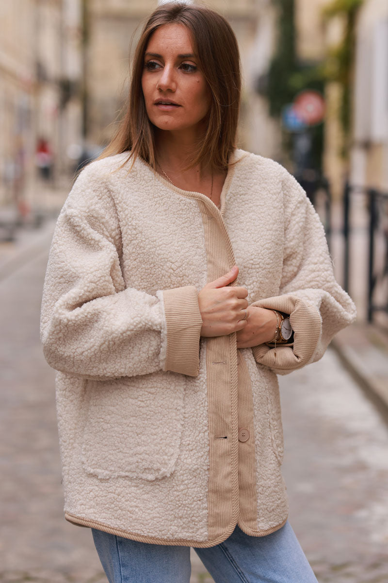 Beige Faux Shearling and Corduroy Jacket