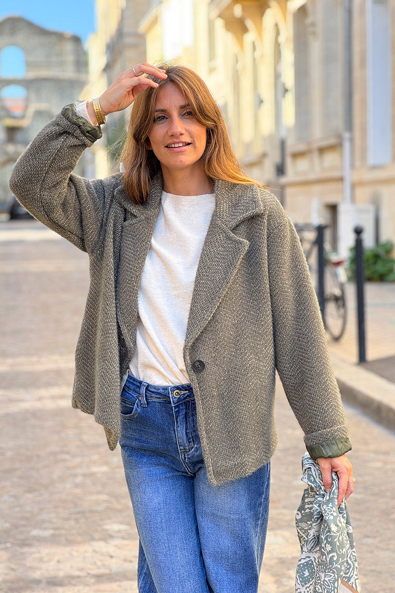 Manteau kaki court doux en maille chenille