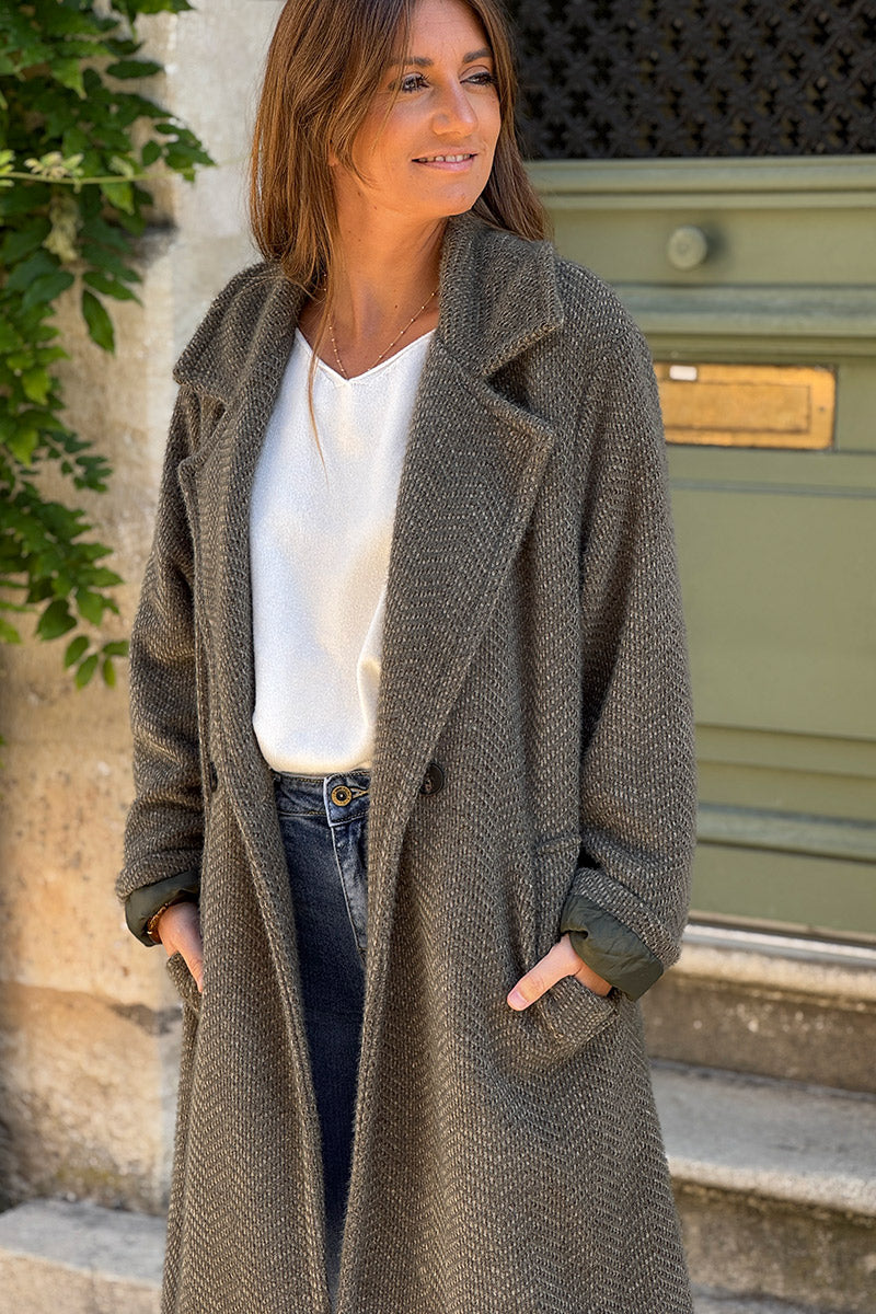 Olive Herringbone Knit Sweater Coat