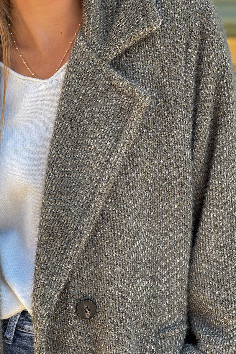 Olive Herringbone Knit Sweater Coat