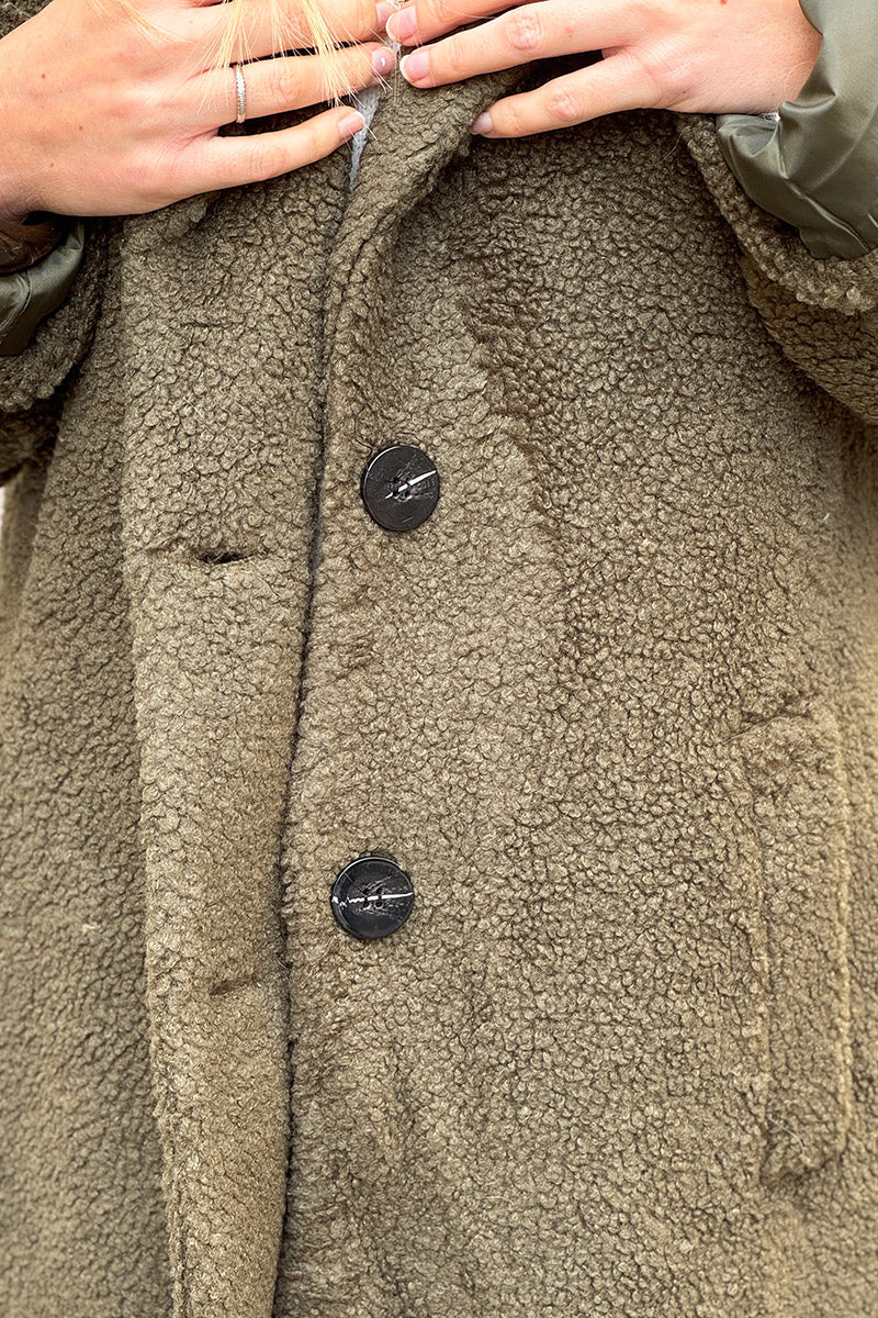Olive Notched Collar Sherpa Coat