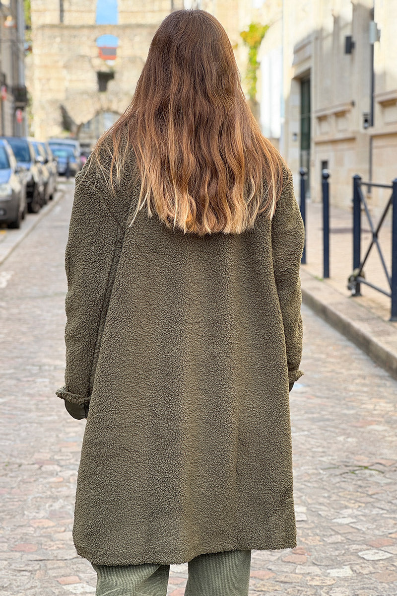 Olive Notched Collar Sherpa Coat