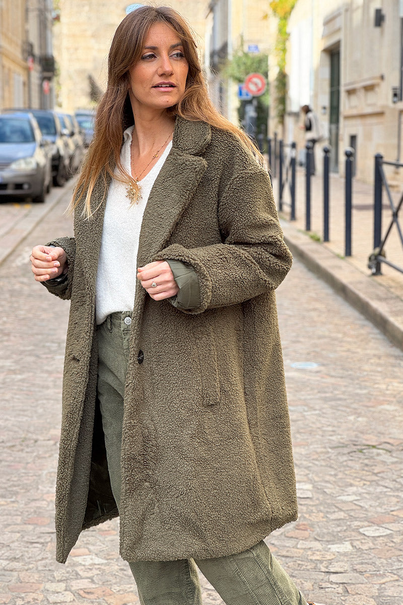Olive Notched Collar Sherpa Coat