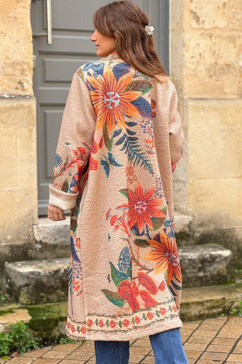 Beige Boho Floral Fleece Duster Jacket