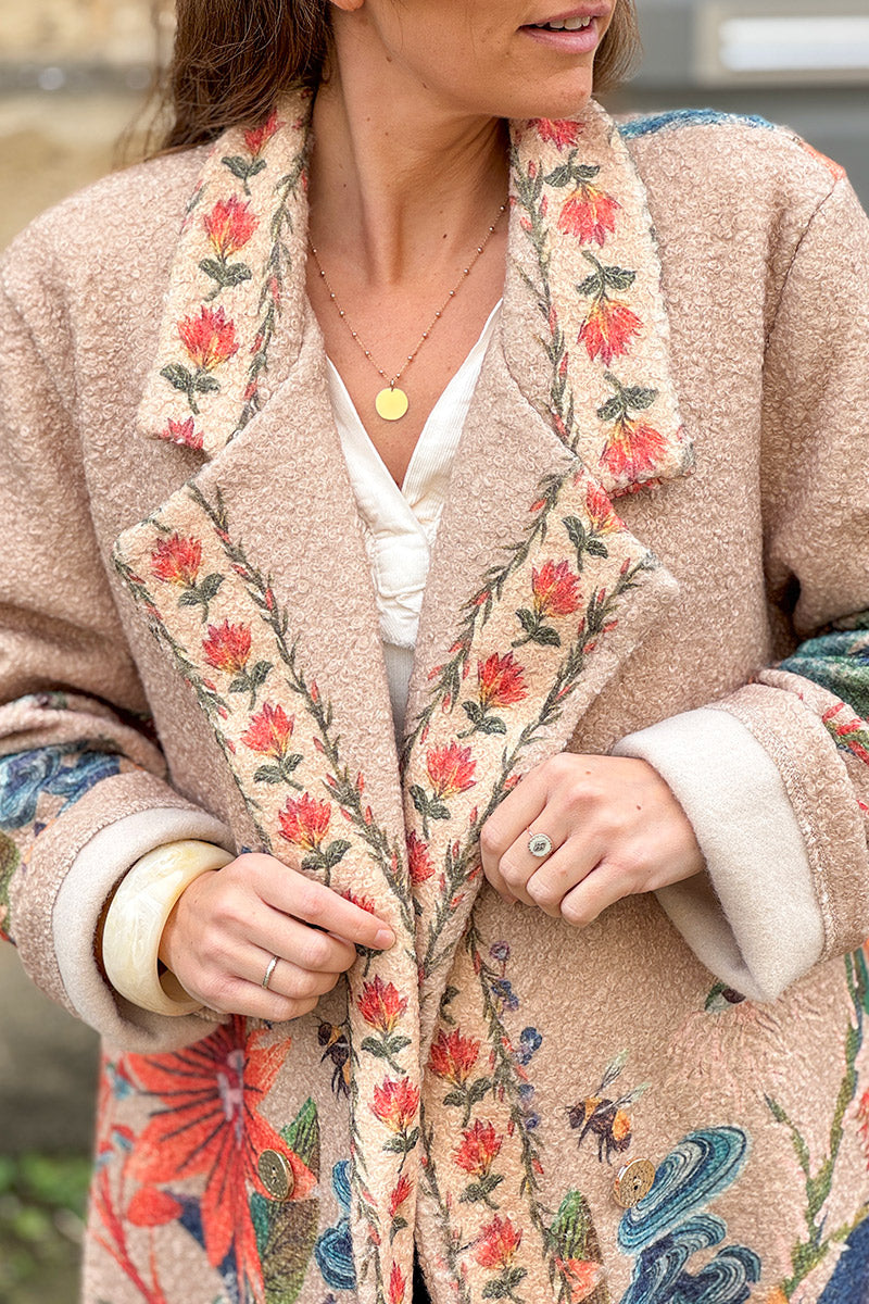 Beige Boho Floral Fleece Duster Jacket
