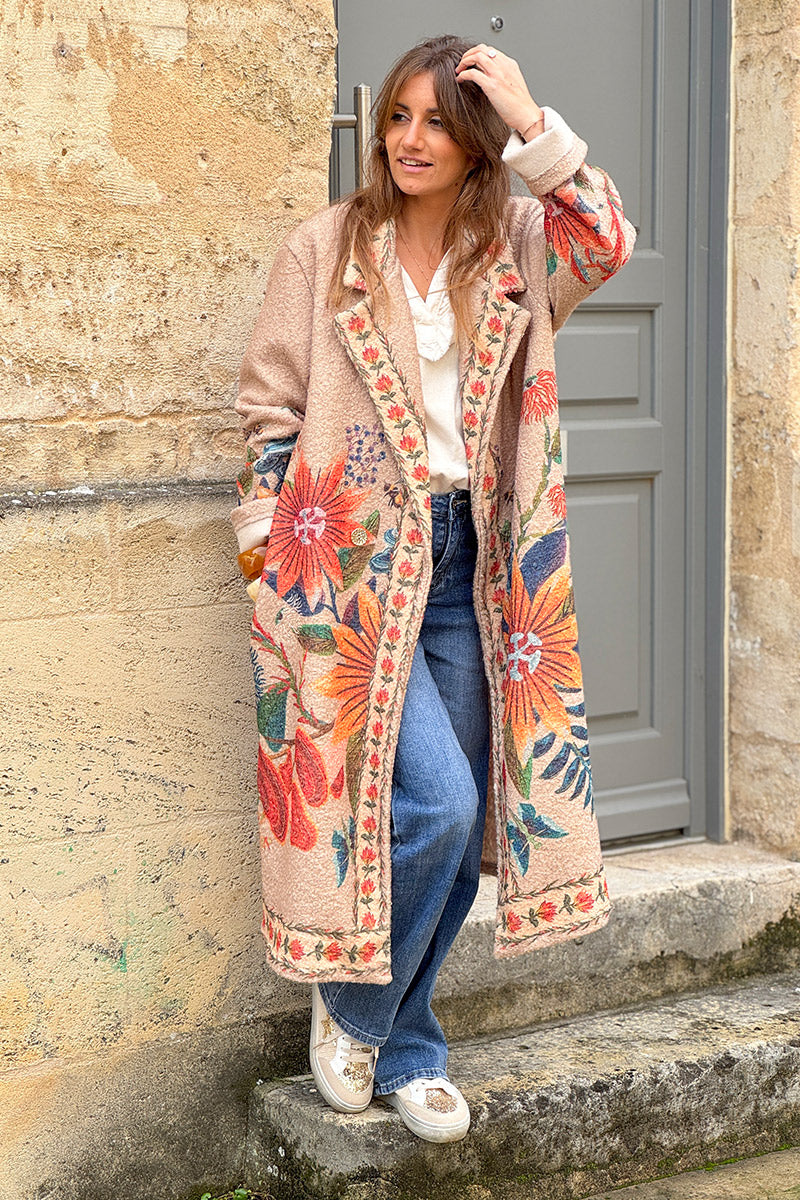 Beige Boho Floral Fleece Duster Jacket