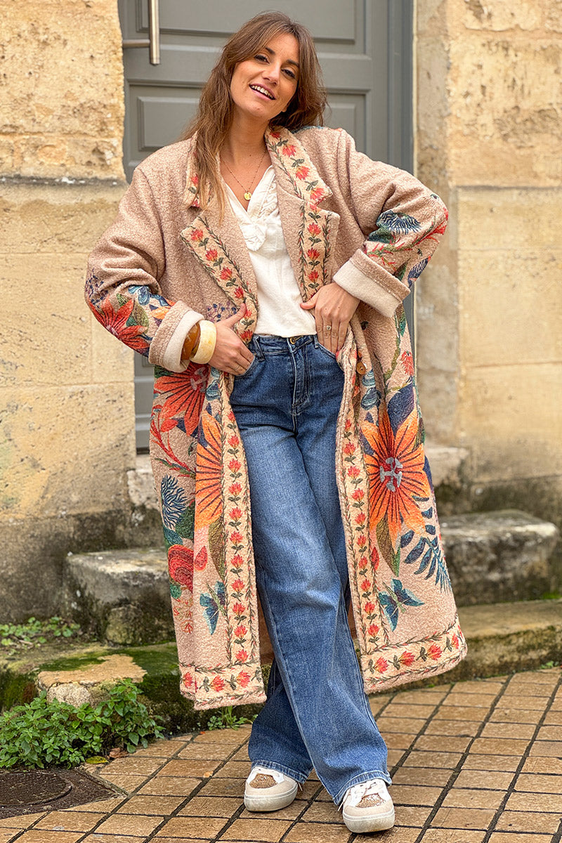 Beige Boho Floral Fleece Duster Jacket