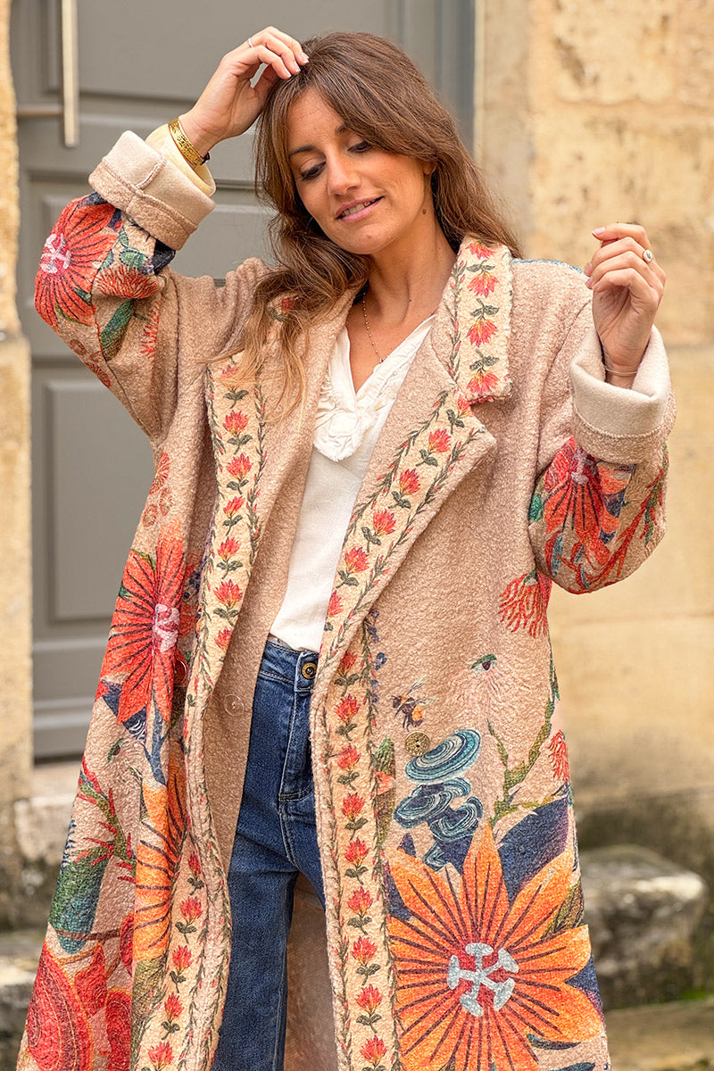 Beige Boho Floral Fleece Duster Jacket
