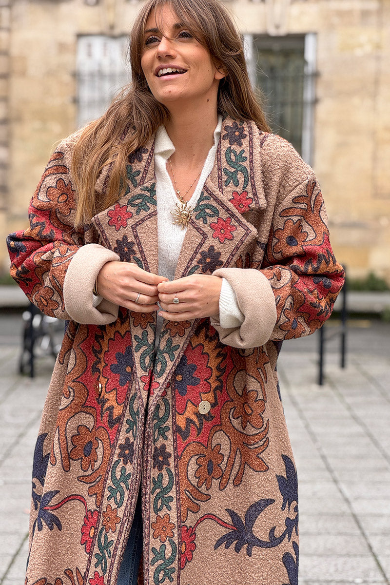 Taupe Boho Scroll Fleece Duster Jacket